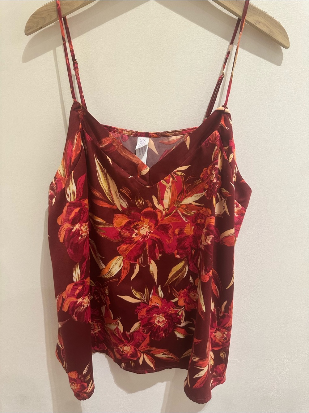 Floral Satin Cami Top - Burgundy Red